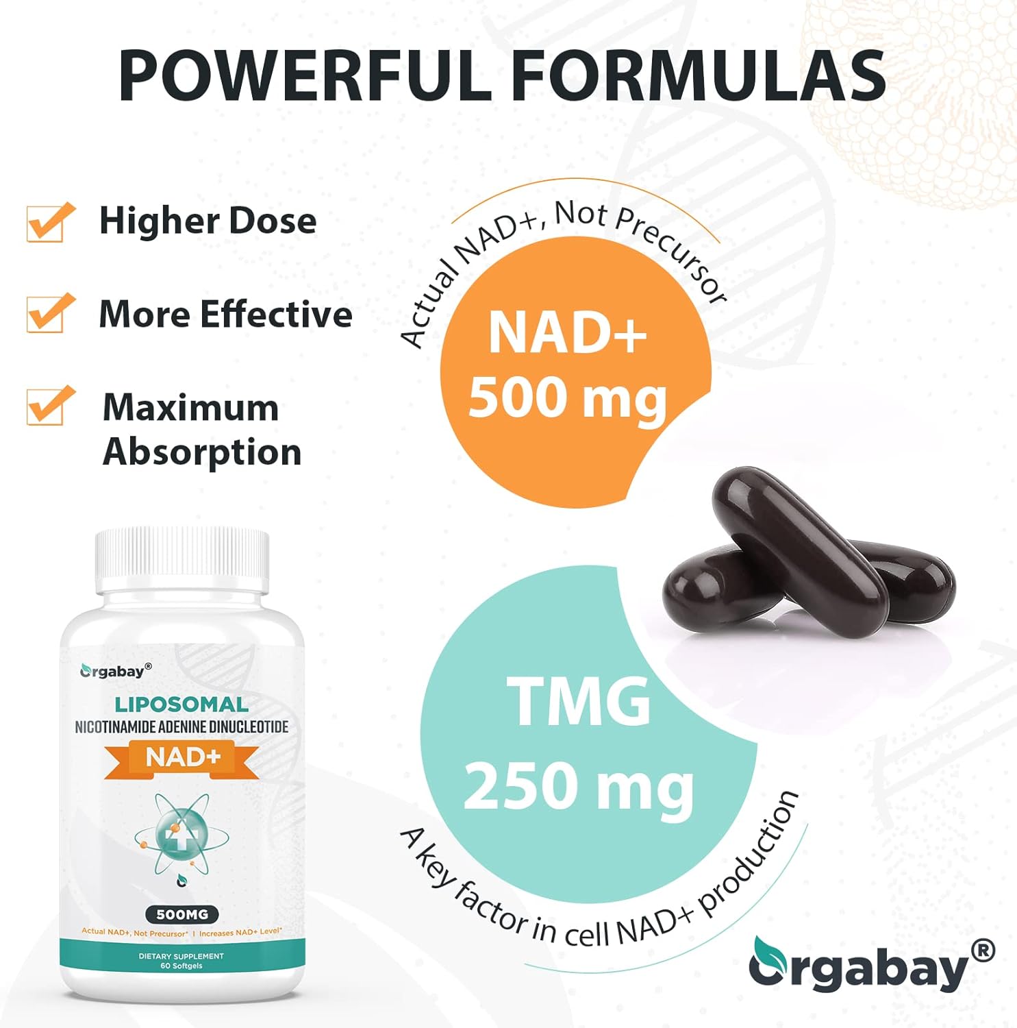 High Absorption Liposomal NAD+ Supplement 500mg with TMG 250mg - Boost Cellular Energy, Healthy Aging - 600 Softgels