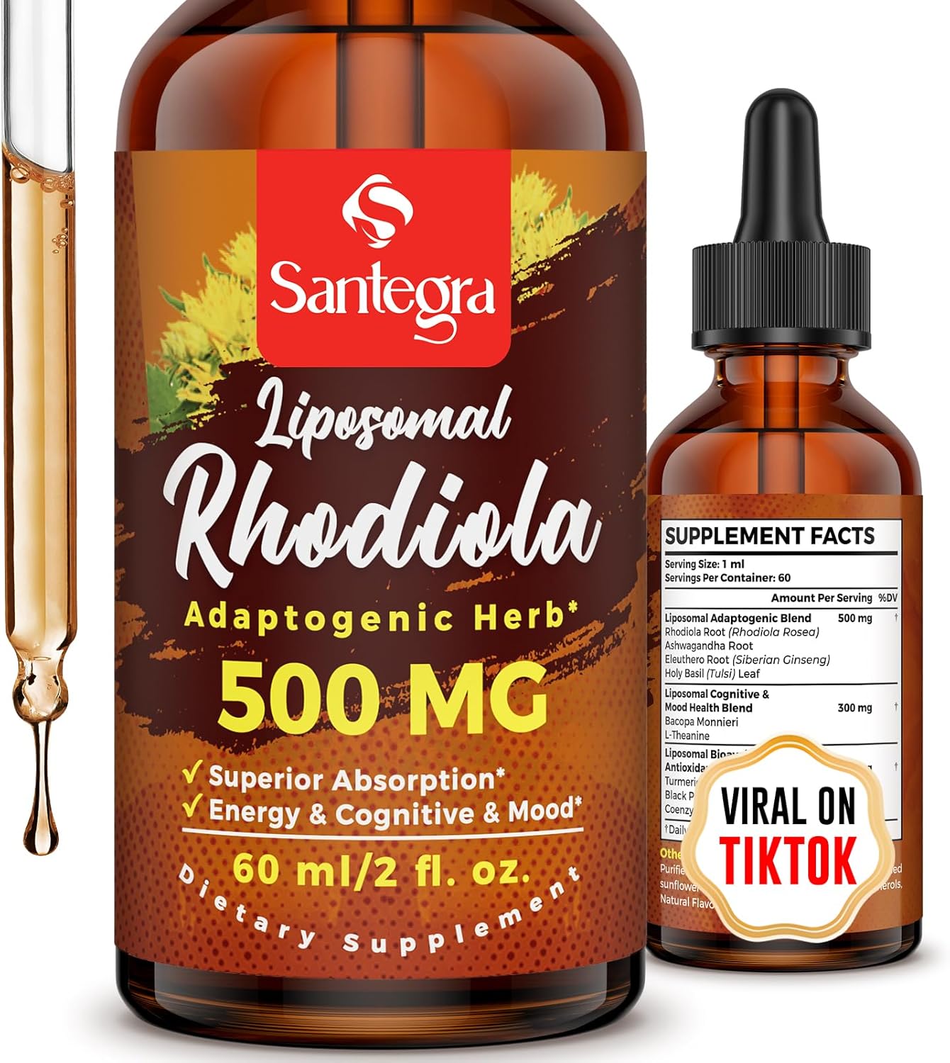 High Absorption Liposomal Rhodiola Rosea Root Extract Tincture Supplement - 57,000 MG Liquid for Energy, Stress, Mood - Vegan - 60 ml