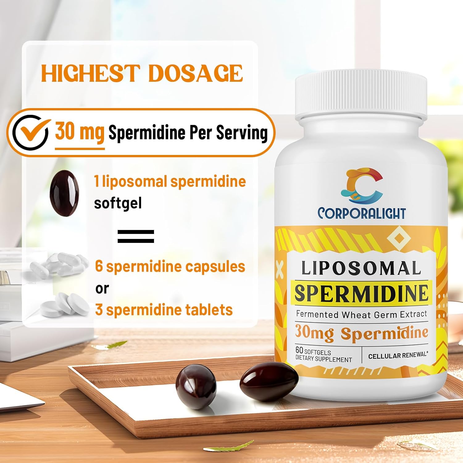 High Absorption Liposomal Spermidine Supplement 30mg - Fermented Wheat Germ Extract for Cellular Renewal in Men & Women - 240 Softgels