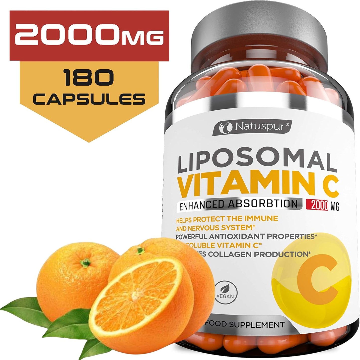 High Absorption Liposomal Vitamin C 2000mg Capsules - Immune System Support & Collagen Booster - Antioxidant Supplement for Better Health - 180 Count