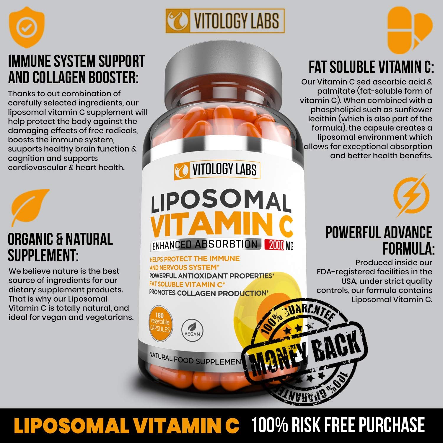 High Absorption Liposomal Vitamin C 2000mg Capsules - Immune System Support & Collagen Booster - Antioxidant Supplement for Better Health - 180 Count