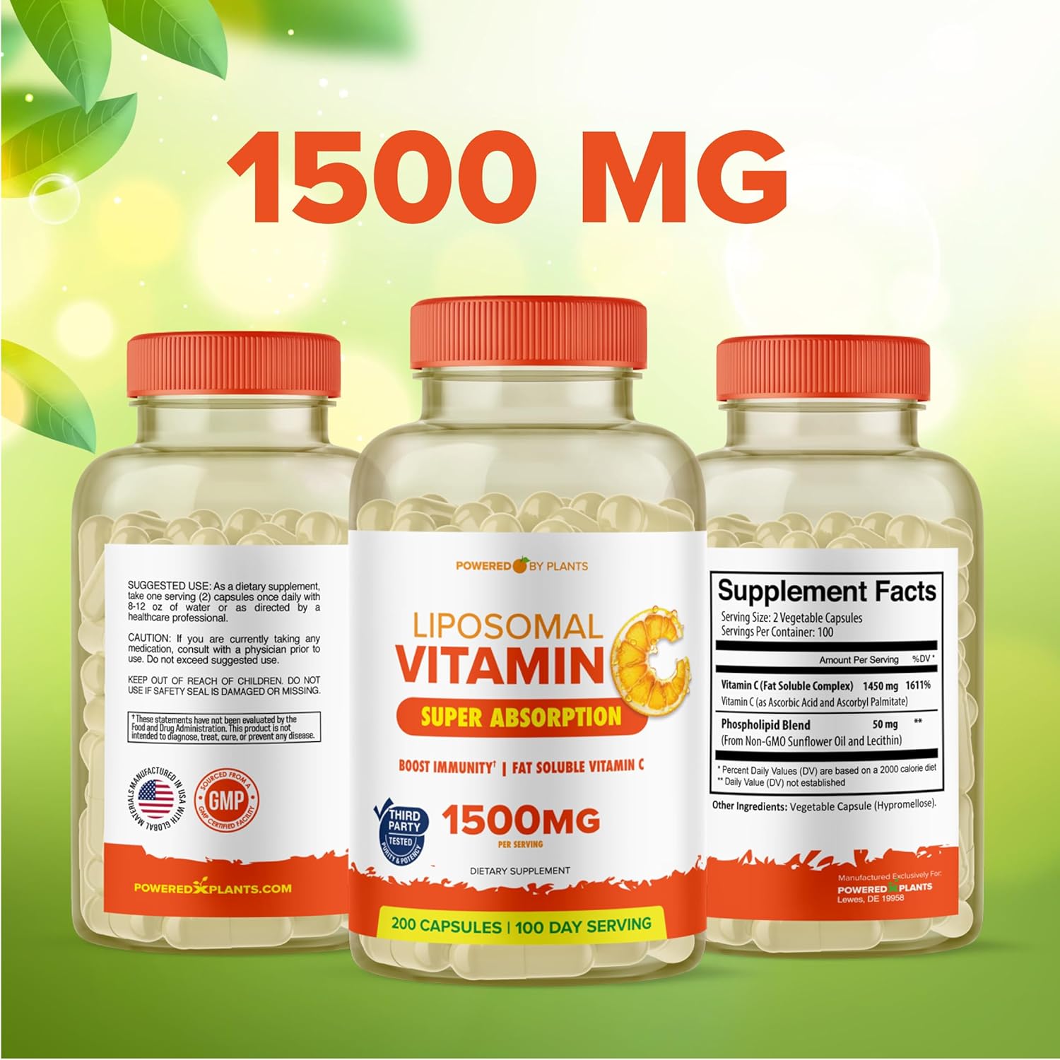 High Absorption Liposomal Vitamin C Capsules 1500mg - Immune System & Collagen Booster - 200 Capsules Vegan - Buffered Ascorbic Acid Supplement