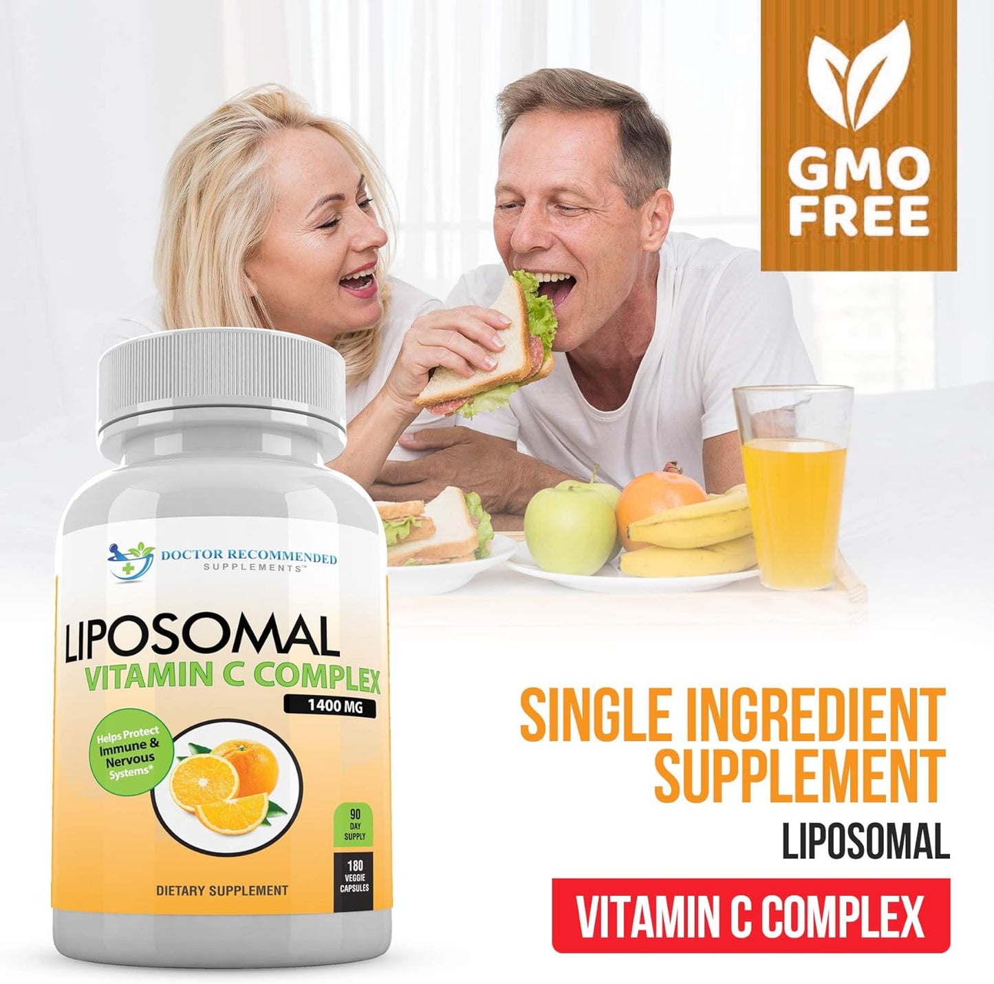 High Absorption Liposomal Vitamin C Complex Immune Support Supplement with Antioxidants and Collagen Booster - 1400mg Per Serving (2 Pack of 180 Veggie Caps)