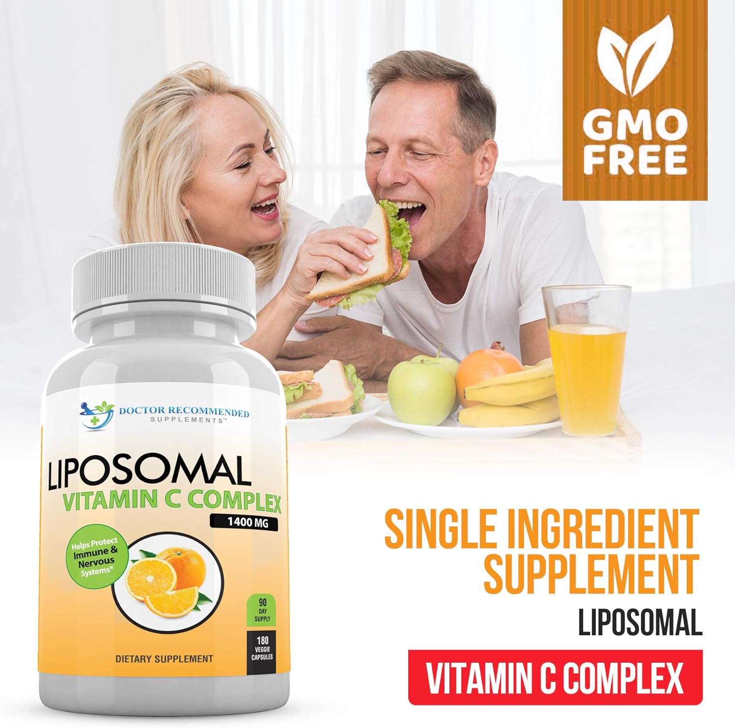 High Absorption Liposomal Vitamin C Complex Immune Support Supplement with Antioxidants and Collagen Booster - 1400mg Per Serving (2 Pack of 180 Veggie Caps)