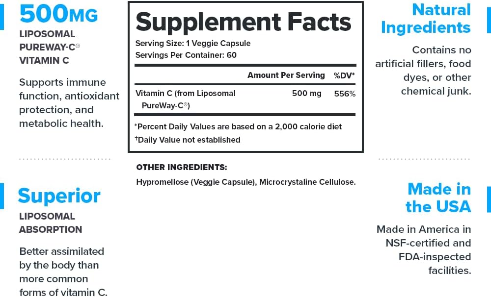 High Absorption Liposomal Vitamin C Supplement for Women & Men - Natural Immune System Support - 60 Capsules