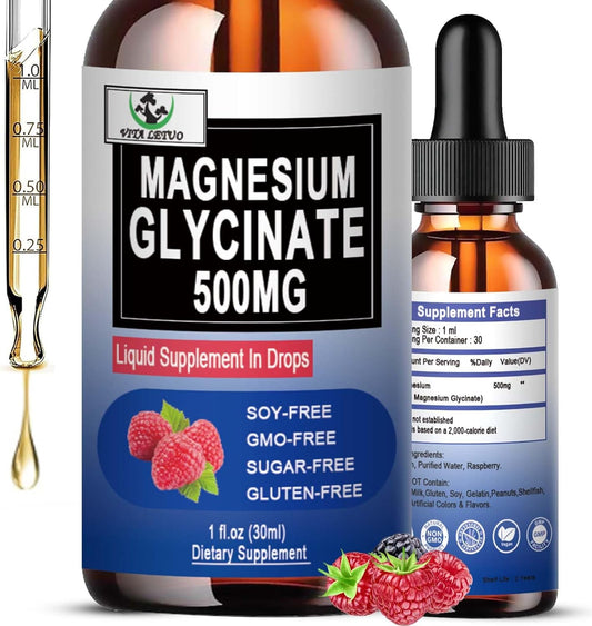 High Absorption Liquid Magnesium Glycinate Drops 500mg for Bone Health, Sleep, Leg Cramps & Immune Support - Vegan, Non-GMO, Gluten-Free - 30 Servings