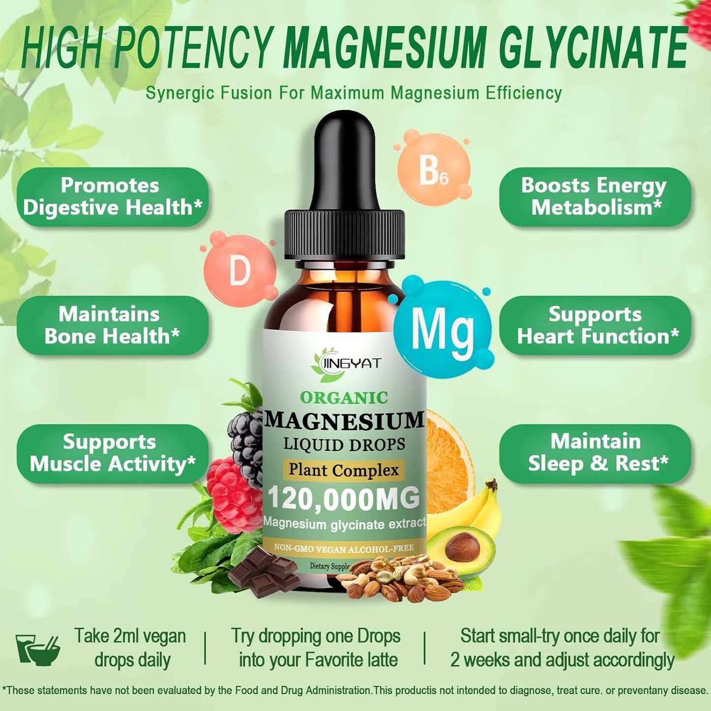 High Absorption Liquid Magnesium Glycinate Supplement with Vitamin D3&B6 - Promotes Sleep, Muscle, and Heart Health - 6X Potency Than Gummies and Powder