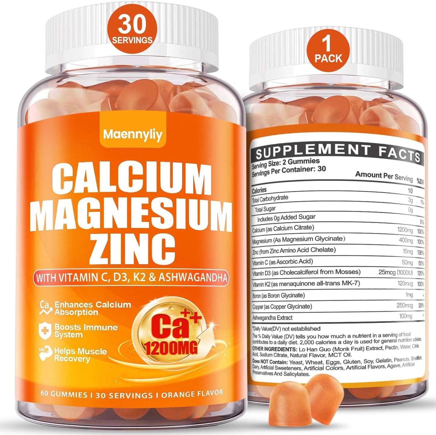 High Absorption Maennyliy Calcium 1200 mg Gummies for Adults with Vitamin D3, K2, Magnesium, Zinc, Boron, Copper, and Ashwagandha - Calcium Citrate Supplement for Bone, Muscle, Immune Support