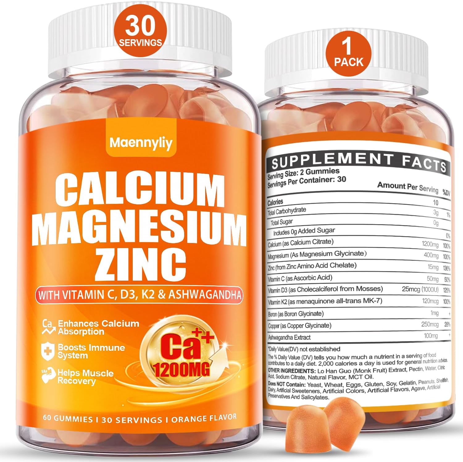 High Absorption Maennyliy Calcium 1200 mg Gummies for Adults with Vitamin D3, K2, Magnesium, Zinc, Boron, Copper, and Ashwagandha - Calcium Citrate Supplement for Bone, Muscle, Immune Support