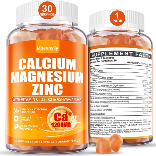 High Absorption Maennyliy Calcium 1200 mg Gummies for Adults with Vitamin D3, K2, Magnesium, Zinc, Boron, Copper, and Ashwagandha - Calcium Citrate Supplement for Bone, Muscle, Immune Support