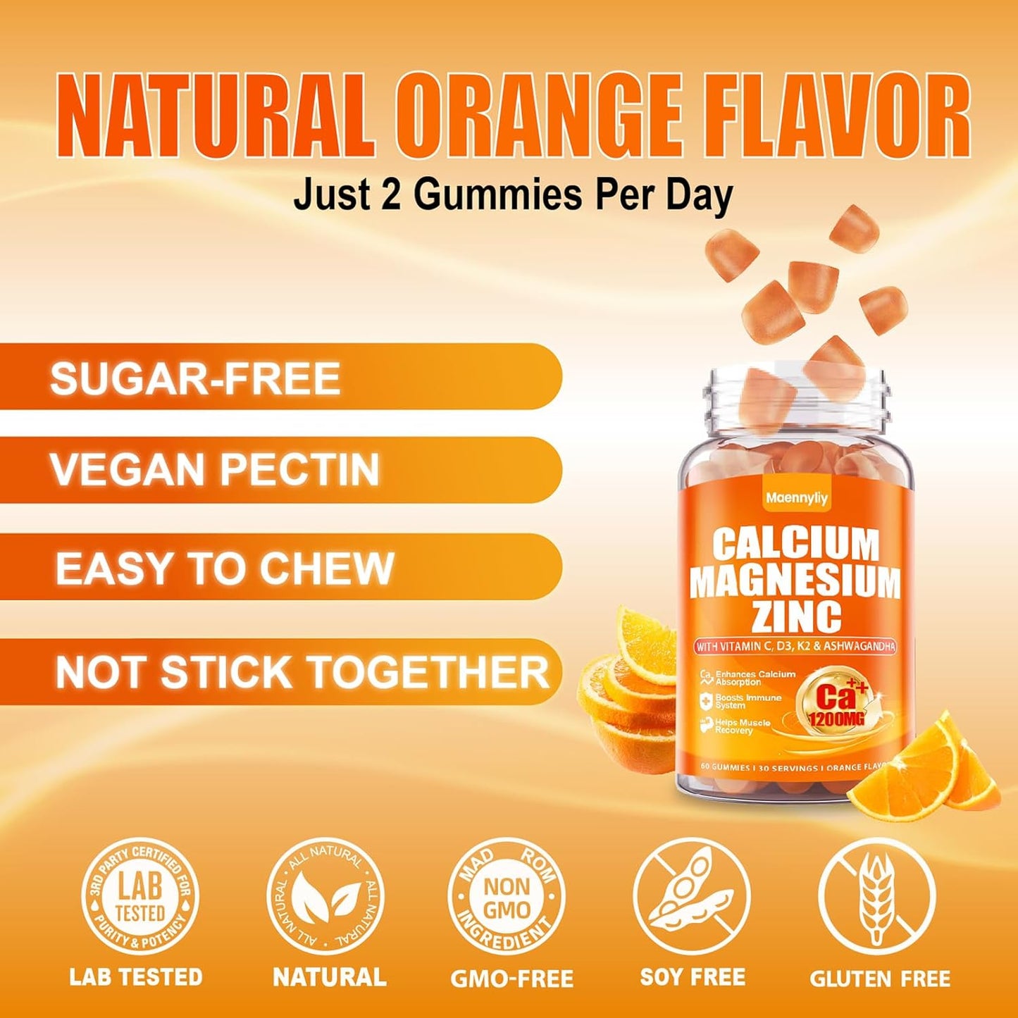 High Absorption Maennyliy Calcium 1200 mg Gummies for Adults with Vitamin D3, K2, Magnesium, Zinc, Boron, Copper, and Ashwagandha - Calcium Citrate Supplement for Bone, Muscle, Immune Support