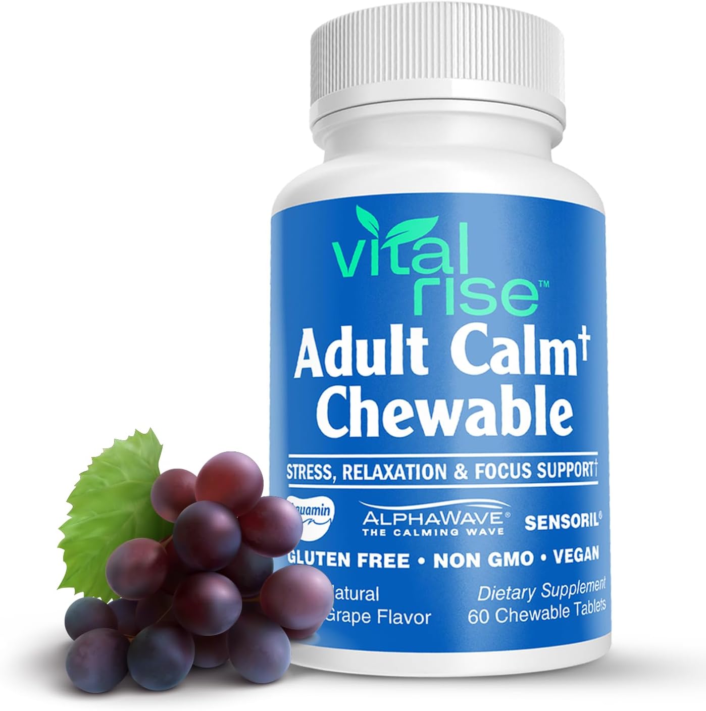 High Absorption Magnesium & Ashwagandha Chewable Tablets for Adults - Stress Support Supplement - Gluten-Free, Vegan, Non-GMO - Grape Flavored (60 Count)