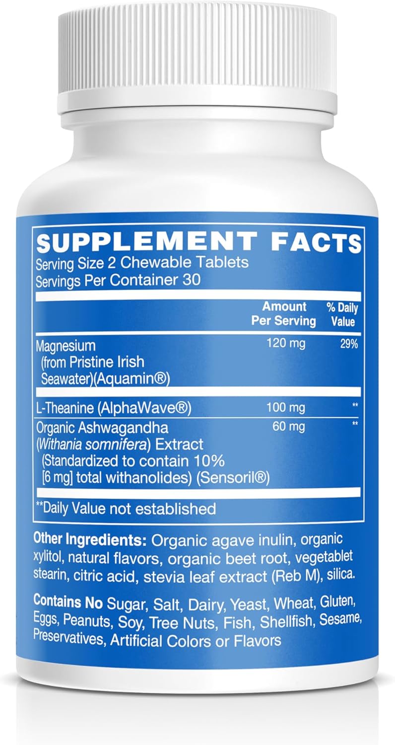 High Absorption Magnesium & Ashwagandha Chewable Tablets for Adults - Stress Support Supplement - Gluten-Free, Vegan, Non-GMO - Grape Flavored (60 Count)