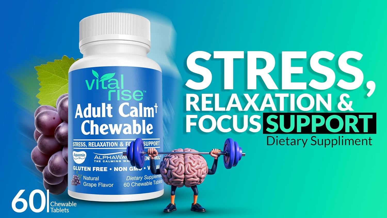 High Absorption Magnesium & Ashwagandha Chewable Tablets for Adults - Stress Support Supplement - Gluten-Free, Vegan, Non-GMO - Grape Flavored (60 Count)
