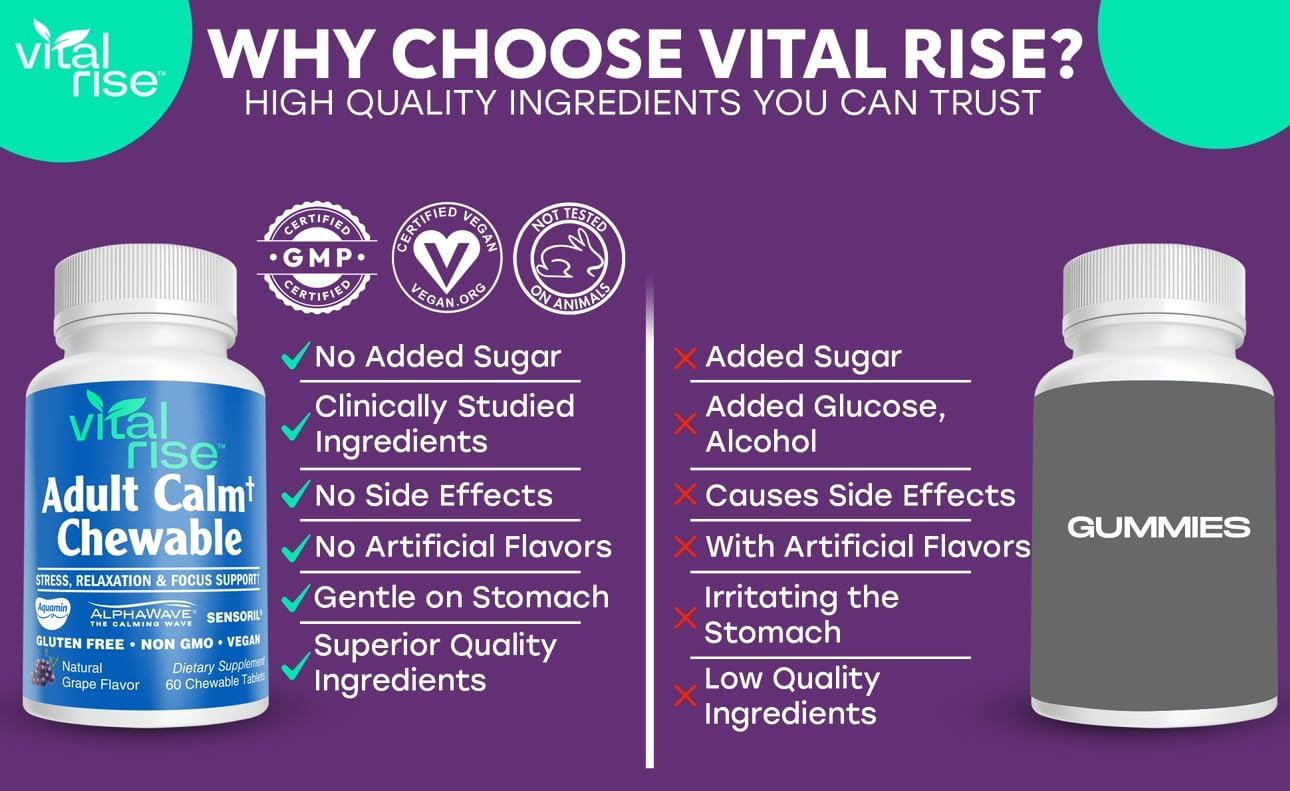 High Absorption Magnesium & Ashwagandha Chewable Tablets for Adults - Stress Support Supplement - Gluten-Free, Vegan, Non-GMO - Grape Flavored (60 Count)