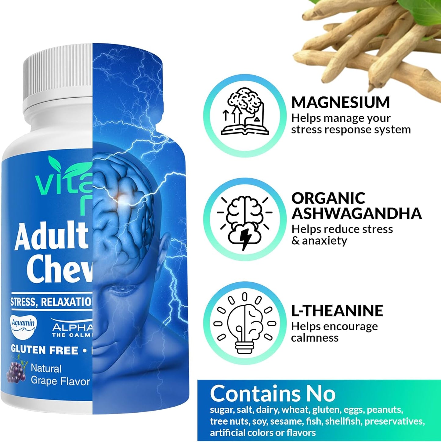 High Absorption Magnesium & Ashwagandha Chewable Tablets for Adults - Stress Support Supplement - Gluten-Free, Vegan, Non-GMO - Grape Flavored (60 Count)
