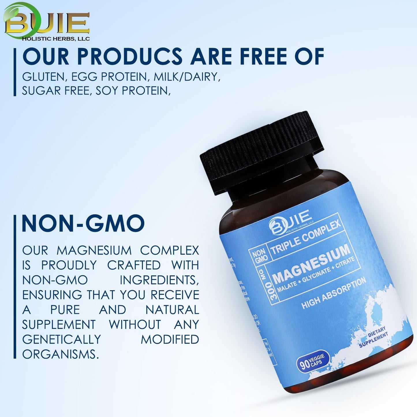 High Absorption Magnesium Capsules - 300mg, Non-GMO Dietary Supplement with Malate, Glycinate, Citrate - 90 Veggie Caps - BUIE Holistic Herbs