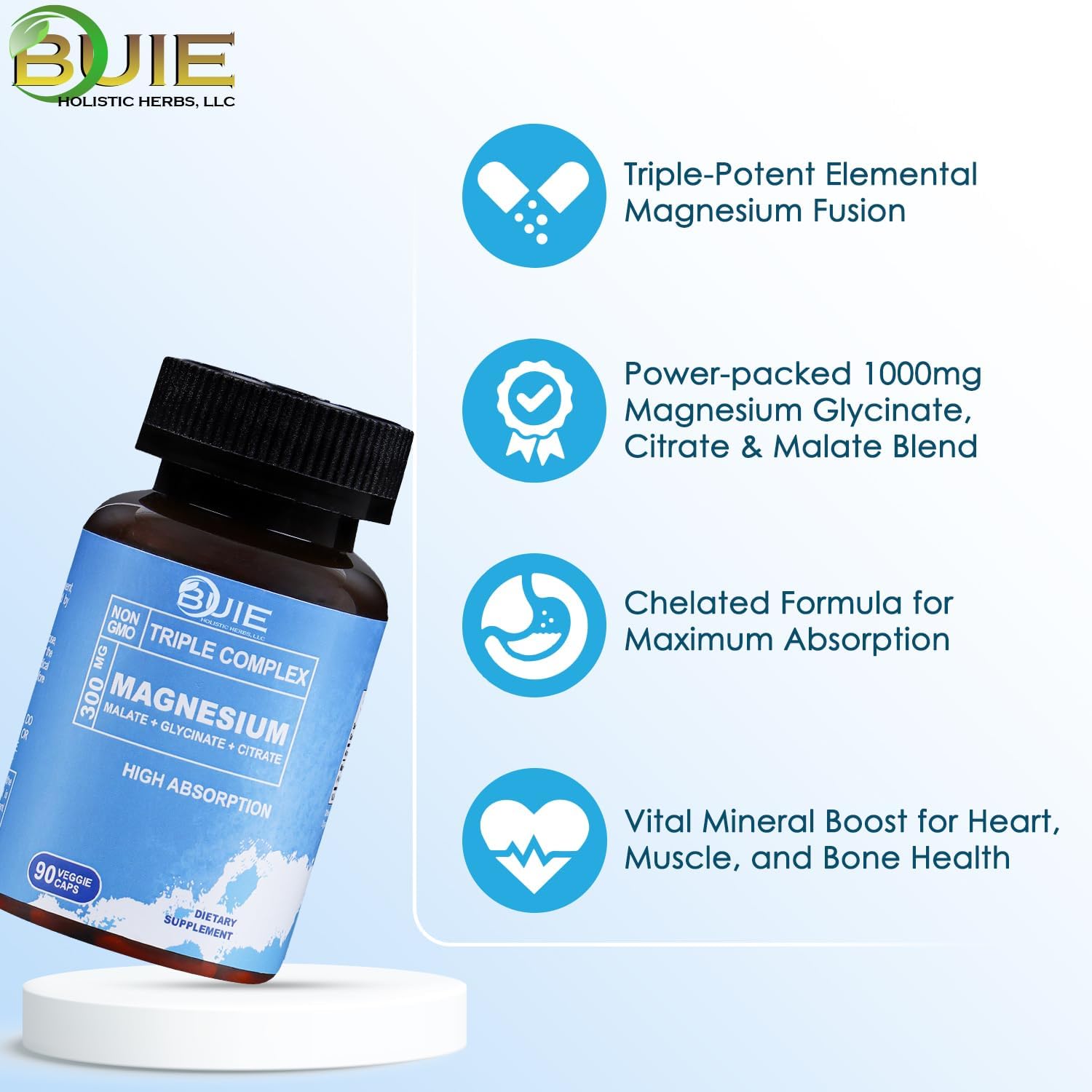 High Absorption Magnesium Capsules - 300mg, Non-GMO Dietary Supplement with Malate, Glycinate, Citrate - 90 Veggie Caps - BUIE Holistic Herbs