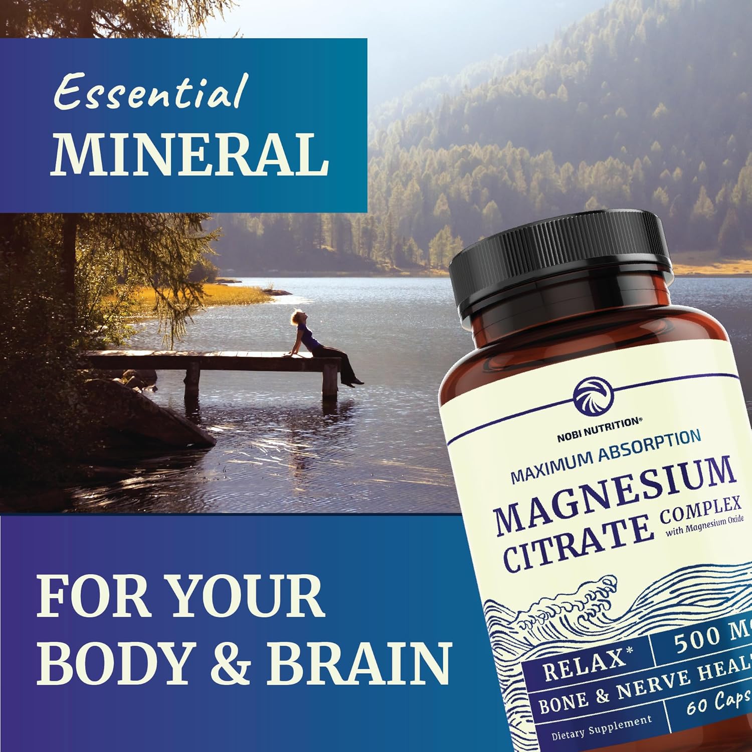 High Absorption Magnesium Citrate Complex for Calmness, Relaxation, Digestive Support | 500mg Supplement with Elemental Mag Oxide | Non-GMO, Soy-Free | 60 Ct (2 Month Supply)