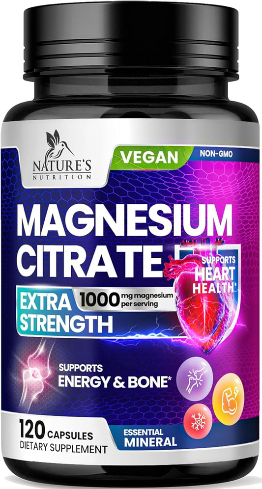 High Absorption Magnesium Citrate Supplement 1000mg - Bone, Heart, Nerve, Muscle, Metabolism Support - Pure Magnesium Vitamin Pills - 120 Capsules USA