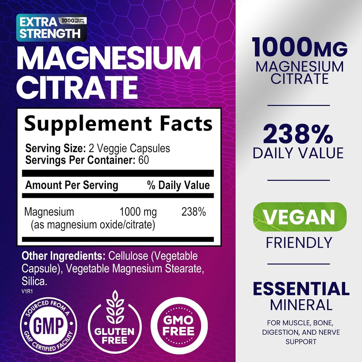 High Absorption Magnesium Citrate Supplement 1000mg - Bone, Heart, Nerve, Muscle, Metabolism Support - Pure Magnesium Vitamin Pills - 120 Capsules USA