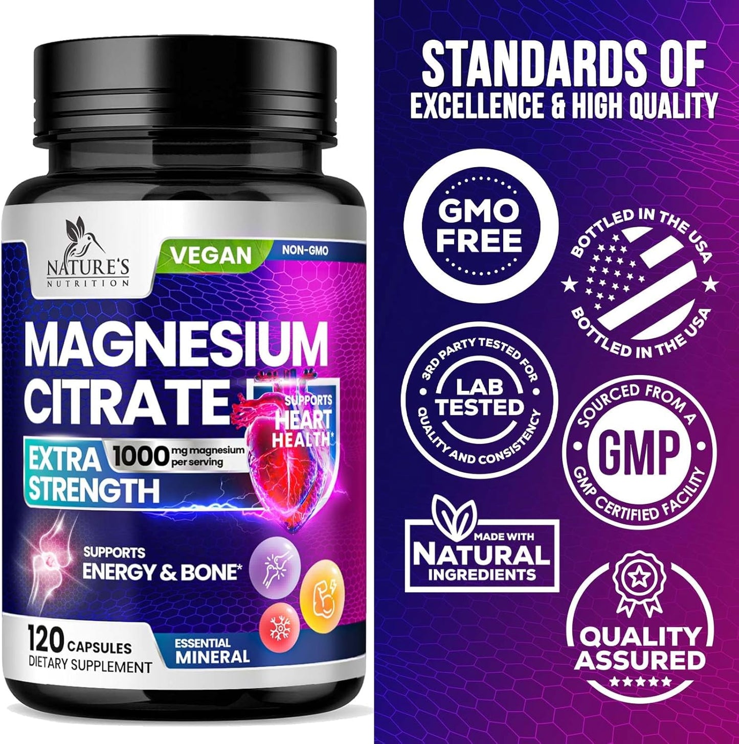 High Absorption Magnesium Citrate Supplement 1000mg - Bone, Heart, Nerve, Muscle, Metabolism Support - Pure Magnesium Vitamin Pills - 120 Capsules USA