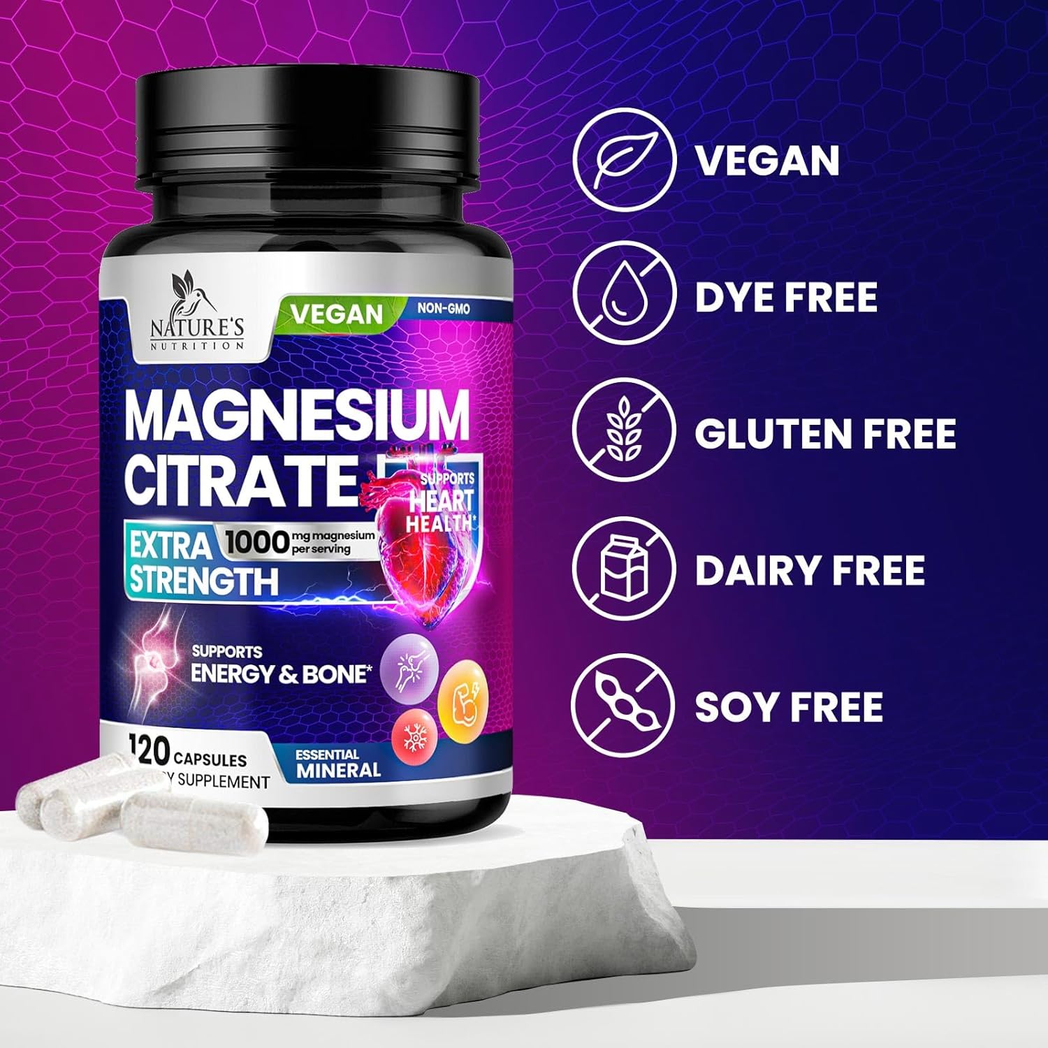 High Absorption Magnesium Citrate Supplement 1000mg - Bone, Heart, Nerve, Muscle, Metabolism Support - Pure Magnesium Vitamin Pills - 120 Capsules USA