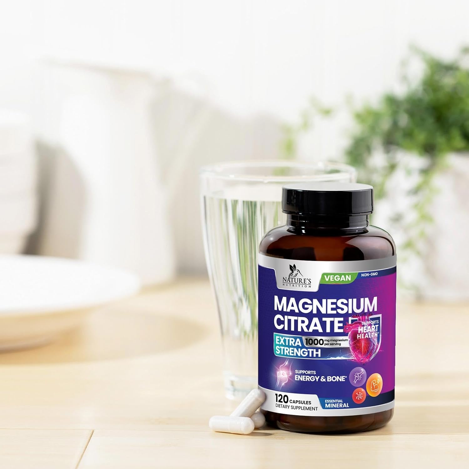 High Absorption Magnesium Citrate Supplement 1000mg - Bone, Heart, Nerve, Muscle, Metabolism Support - Pure Magnesium Vitamin Pills - 120 Capsules USA