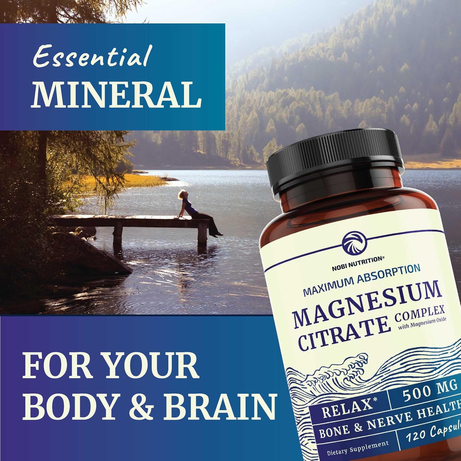 High Absorption Magnesium Citrate Supplement (120ct) for Calm, Relaxation, Digestion Support - Gluten-Free, Soy-Free Formula with Elemental Mag Oxide - 4-Month Supply by Nobi Nutrition