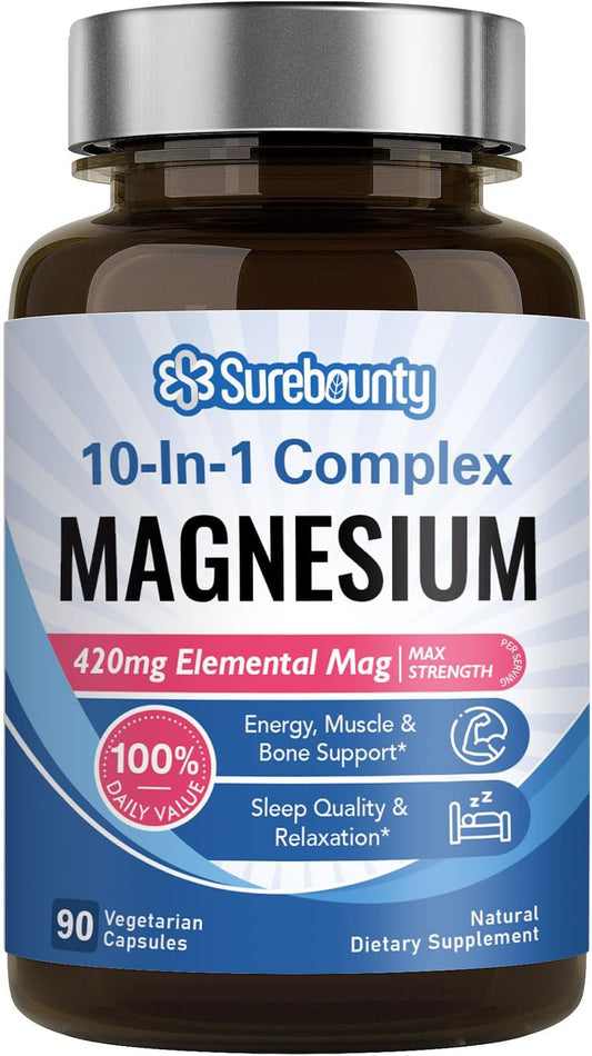High Absorption Magnesium Complex - 10-in-1 Formula with 420mg Elemental Mag Per Serving - Glycinate, Malate, Citrate - Supports Bone, Muscle, Relaxation - 90 Capsules