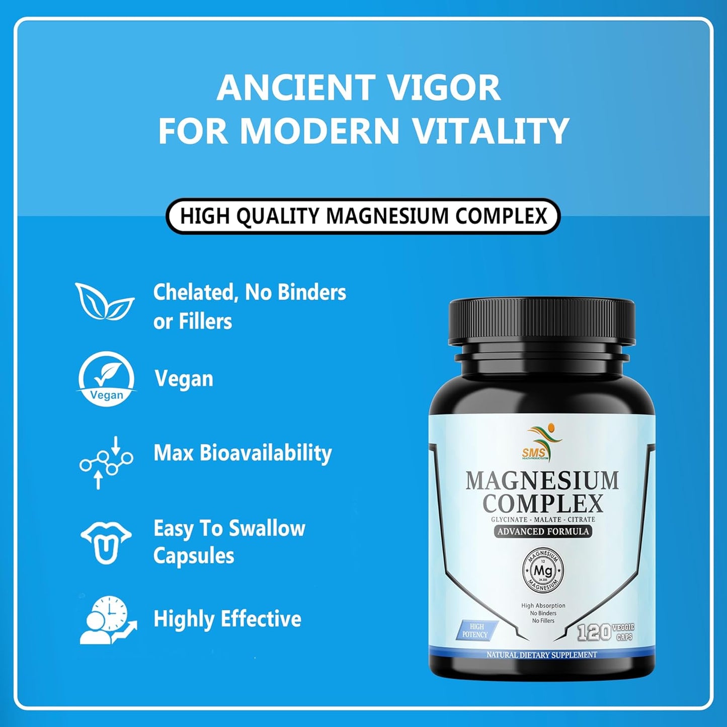 High Absorption Magnesium Complex | 470mg of Glycinate, Malate, & Citrate | Supports Muscles, Nerves, & Energy | Vegan, Non-GMO | 120 Capsules