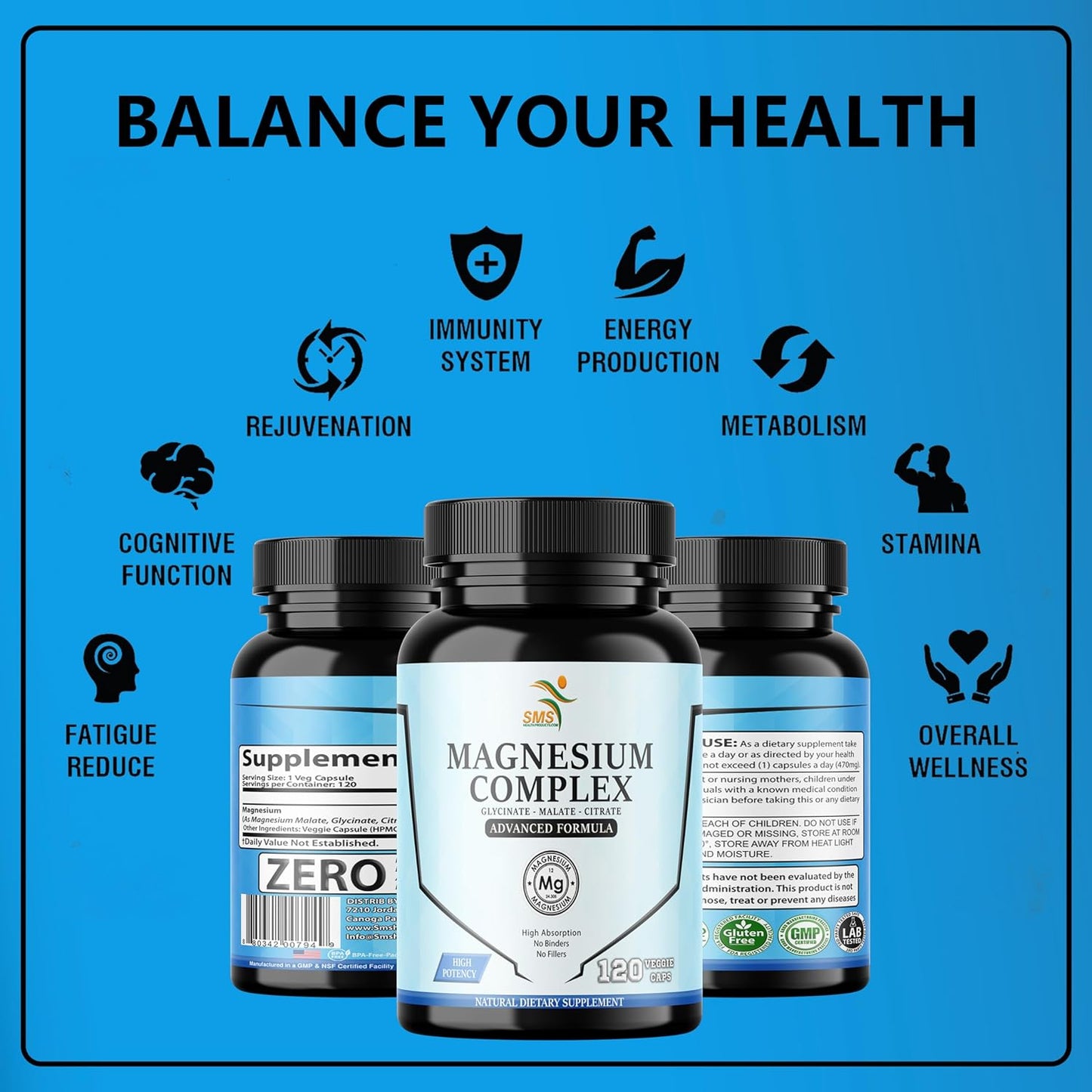 High Absorption Magnesium Complex | 470mg of Glycinate, Malate, & Citrate | Supports Muscles, Nerves, & Energy | Vegan, Non-GMO | 120 Capsules