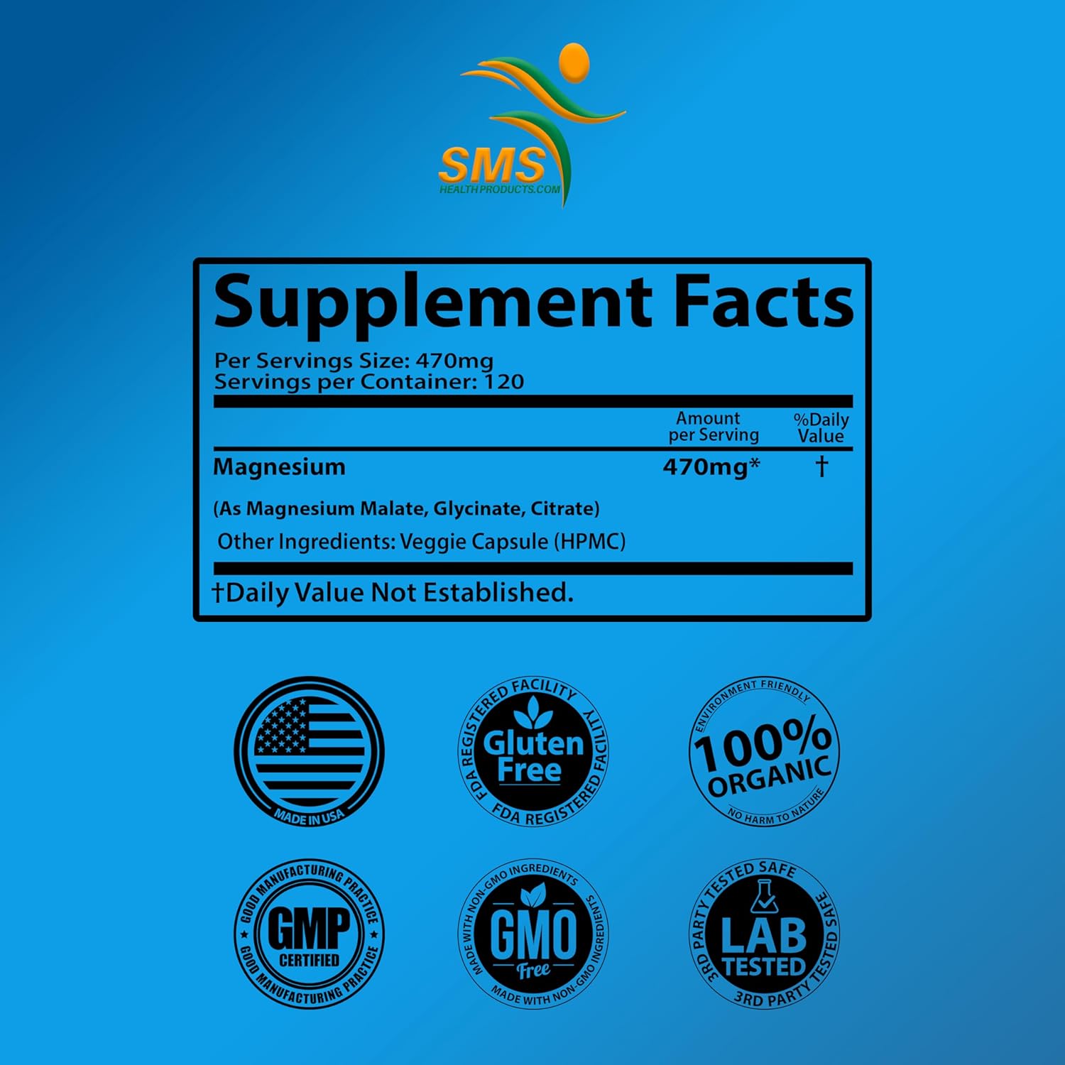 High Absorption Magnesium Complex | 470mg of Glycinate, Malate, & Citrate | Supports Muscles, Nerves, & Energy | Vegan, Non-GMO | 120 Capsules