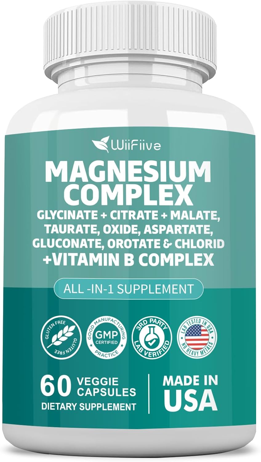 High Absorption Magnesium Complex Supplement - 141mg Glycinate, 228mg Oxide, 58.5mg Malate, 62.4mg Citrate, Plus Vitamin B - Gluten-Free, Non-GMO, with Orotate, Glycina, Taurate, Chloride, Aspartate, Gluconate - WiiFiive