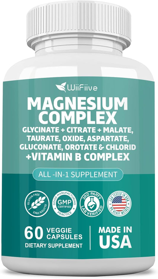 High Absorption Magnesium Complex Supplement - 141mg Glycinate, 228mg Oxide, 58.5mg Malate, 62.4mg Citrate, Plus Vitamin B - Gluten-Free, Non-GMO, with Orotate, Glycina, Taurate, Chloride, Aspartate, Gluconate - WiiFiive