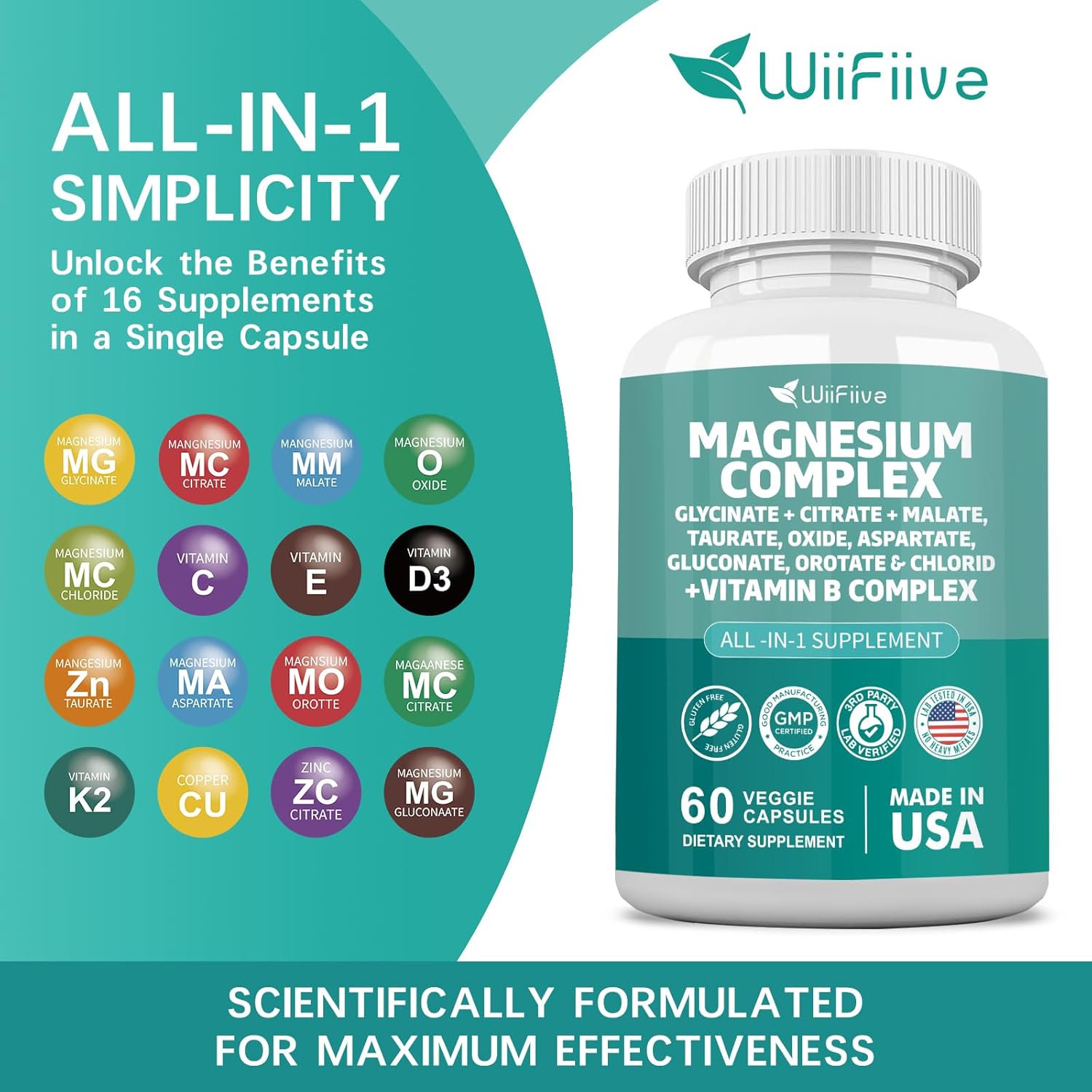 High Absorption Magnesium Complex Supplement - 141mg Glycinate, 228mg Oxide, 58.5mg Malate, 62.4mg Citrate, Plus Vitamin B - Gluten-Free, Non-GMO, with Orotate, Glycina, Taurate, Chloride, Aspartate, Gluconate - WiiFiive