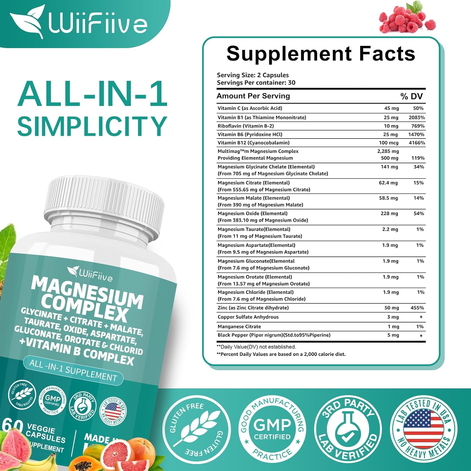 High Absorption Magnesium Complex Supplement - 141mg Glycinate, 228mg Oxide, 58.5mg Malate, 62.4mg Citrate, Plus Vitamin B - Gluten-Free, Non-GMO, with Orotate, Glycina, Taurate, Chloride, Aspartate, Gluconate - WiiFiive