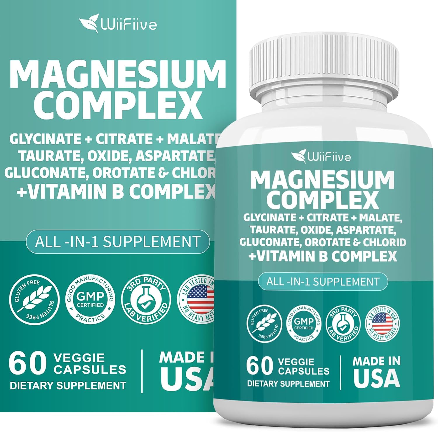 High Absorption Magnesium Complex Supplement - 141mg Glycinate, 228mg Oxide, 58.5mg Malate, 62.4mg Citrate, Plus Vitamin B - Gluten-Free, Non-GMO, with Orotate, Glycina, Taurate, Chloride, Aspartate, Gluconate - WiiFiive