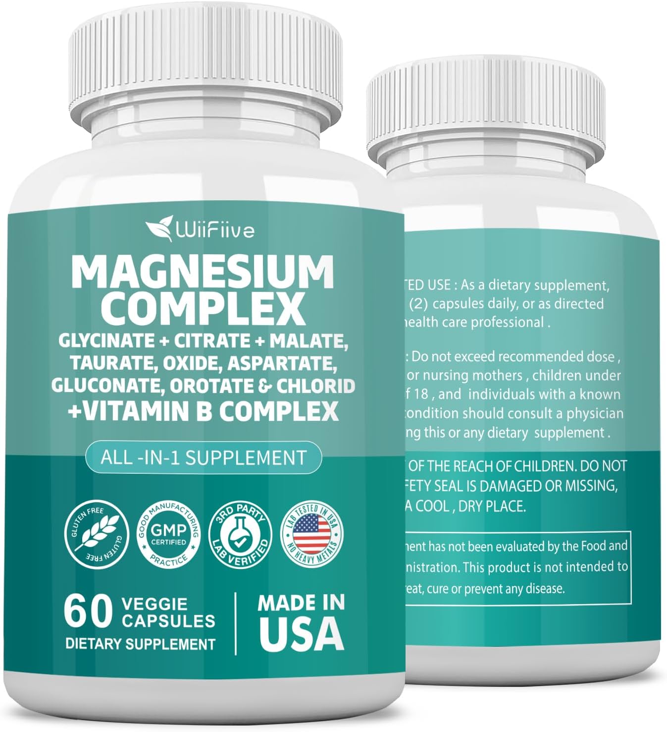 High Absorption Magnesium Complex Supplement - 141mg Glycinate, 228mg Oxide, 58.5mg Malate, 62.4mg Citrate, Plus Vitamin B - Gluten-Free, Non-GMO, with Orotate, Glycina, Taurate, Chloride, Aspartate, Gluconate - WiiFiive