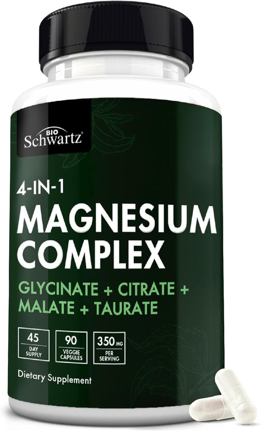 High Absorption Magnesium Complex Supplement - 350mg BioSchwartz Extra Strength Capsules for Heart Health, Sleep, Nerves, and Muscles - Non GMO, Vegan, 90ct