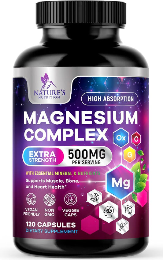High Absorption Magnesium Complex Supplement - 500mg Chelated Magnesium Glycinate, Malate, Citrate & More - Gluten Free, Vegan, Non-GMO - Supports Muscle & Heart Health - 120 Capsules