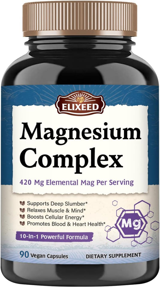 High Absorption Magnesium Complex Supplement, 420mg Elemental Mag Per Serving, 10 Forms Including Glycinate, Citrate, Malate, Taurate - Promotes Sleep, Muscle Health, Energy - 90 Vegan Capsules