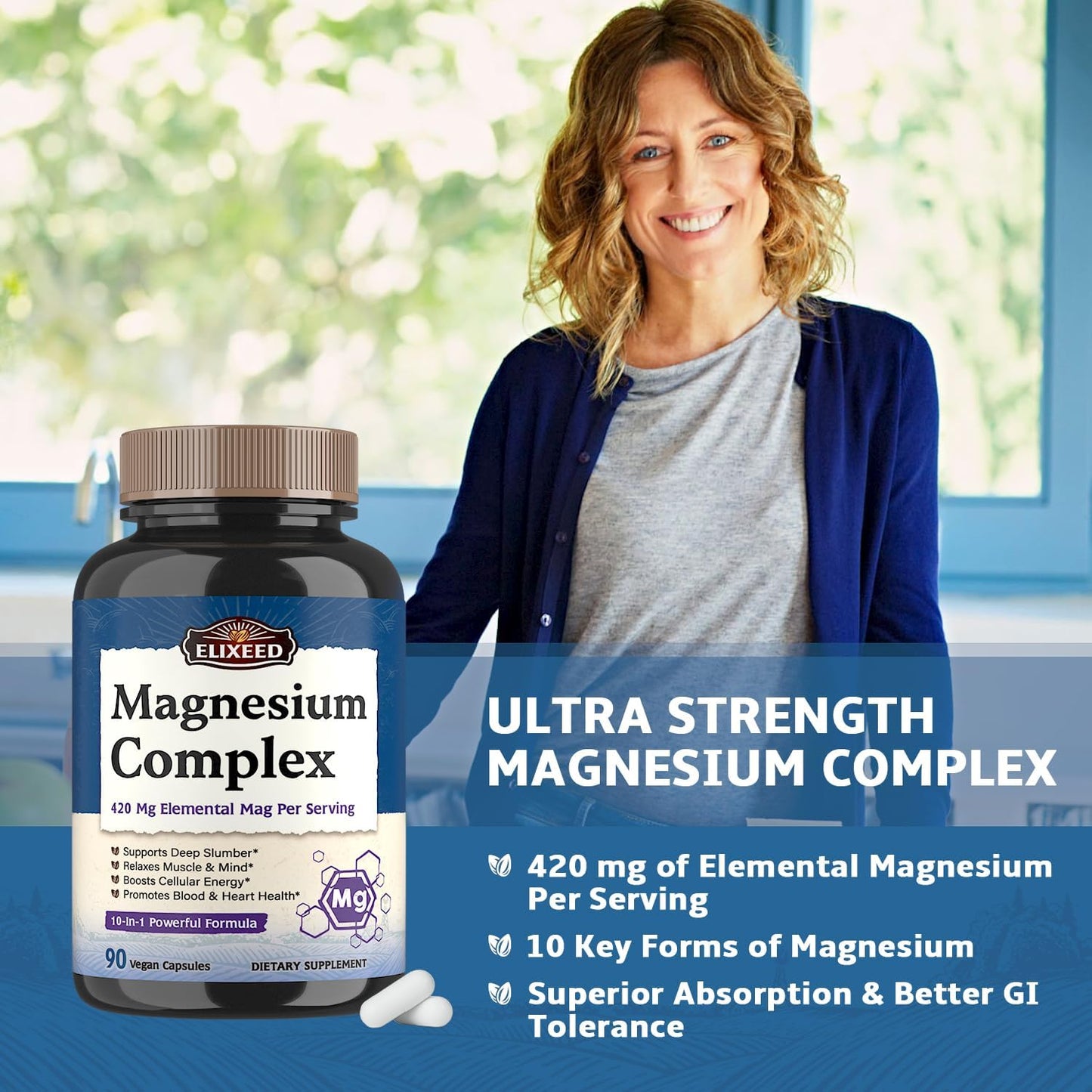 High Absorption Magnesium Complex Supplement, 420mg Elemental Mag Per Serving, 10 Forms Including Glycinate, Citrate, Malate, Taurate - Promotes Sleep, Muscle Health, Energy - 90 Vegan Capsules