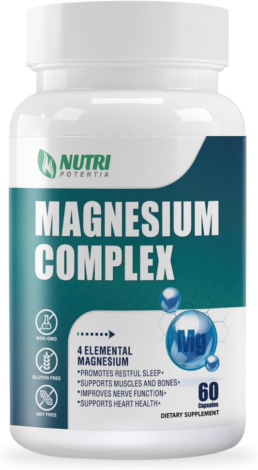 High Absorption Magnesium Complex Supplement with Magnesium Glycinate, Citrate, Malate, Taurate & B6 - Supports Bone, Heart, Muscle, Nervous System - 60 Capsules