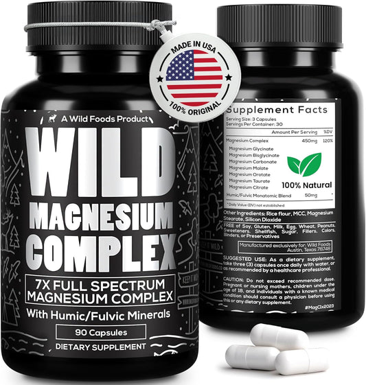 High Absorption Magnesium Complex Supplement with 7 Forms - 90 Capsules - Full Spectrum 500mg Mg - Glycinate, Bisglycinate, Malate, Orotate, Citrate