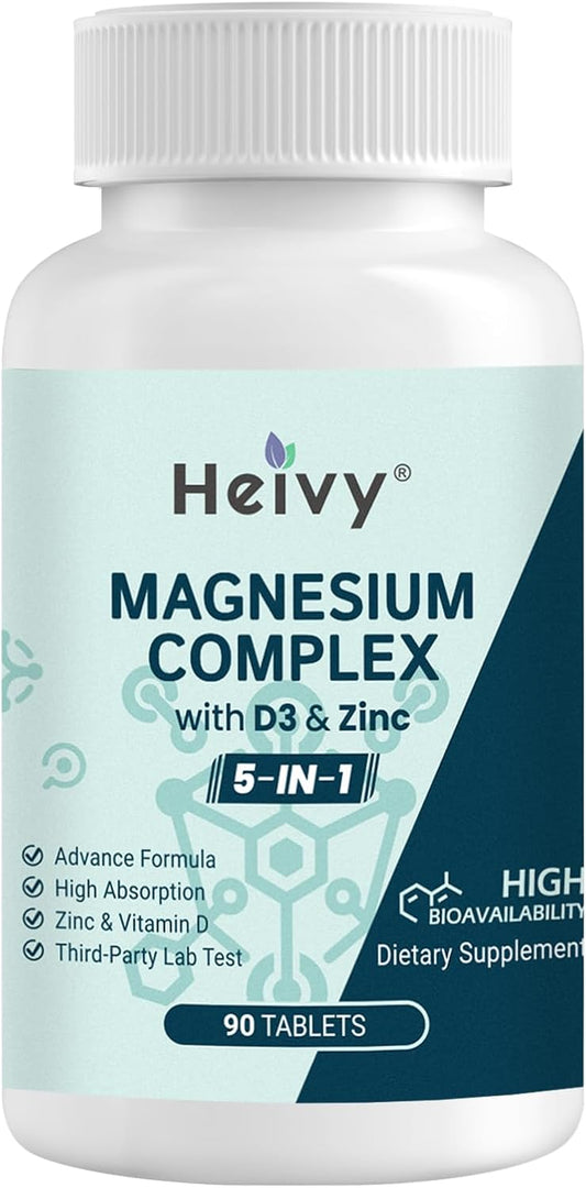 High Absorption Magnesium Complex with Zinc and Vitamin D3 for Muscle, Nerve, Heart, and Bone Support - 90 Tablets