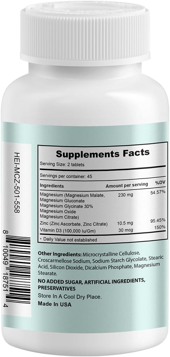High Absorption Magnesium Complex with Zinc and Vitamin D3 for Muscle, Nerve, Heart, and Bone Support - 90 Tablets