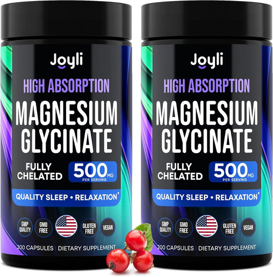 High Absorption Magnesium Glycinate 2-Pack for Sleep, Mood, and Muscle Support - Chelated Supplement with Ashwagandha & Manganese - 500MG per Capsule