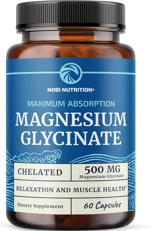 High Absorption Magnesium Glycinate 500mg Supplement for Muscle Relaxation, Bones, Heart, Nerve, Sleep, and Calm Support - 60ct