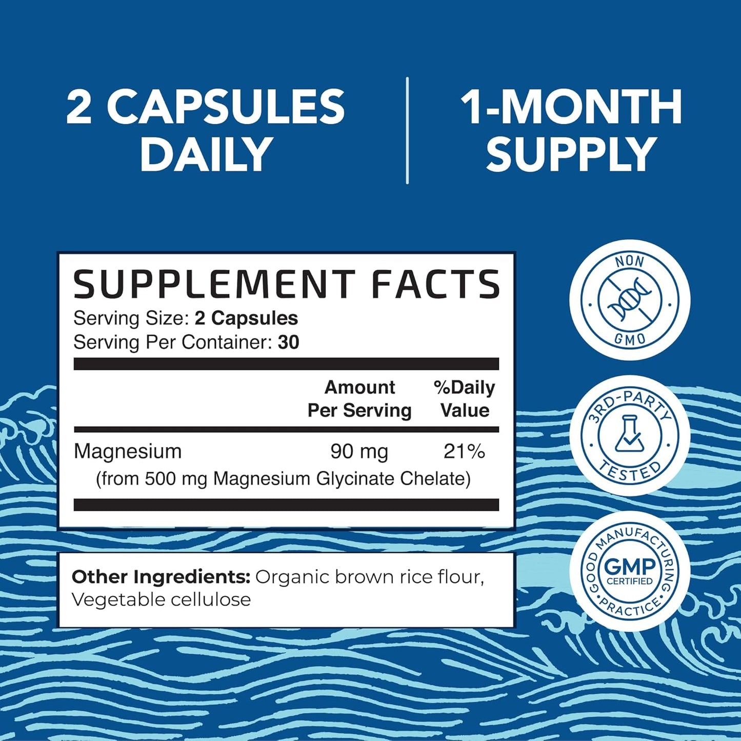 High Absorption Magnesium Glycinate 500mg Supplement for Muscle Relaxation, Bones, Heart, Nerve, Sleep, and Calm Support - 60ct